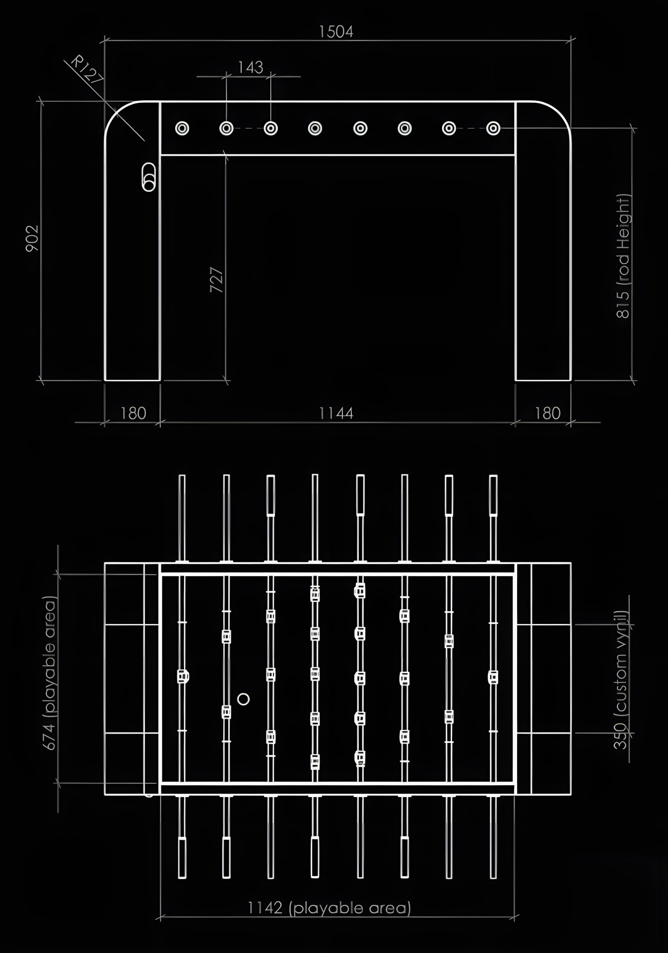 Foosball table technical drawing — dimensions